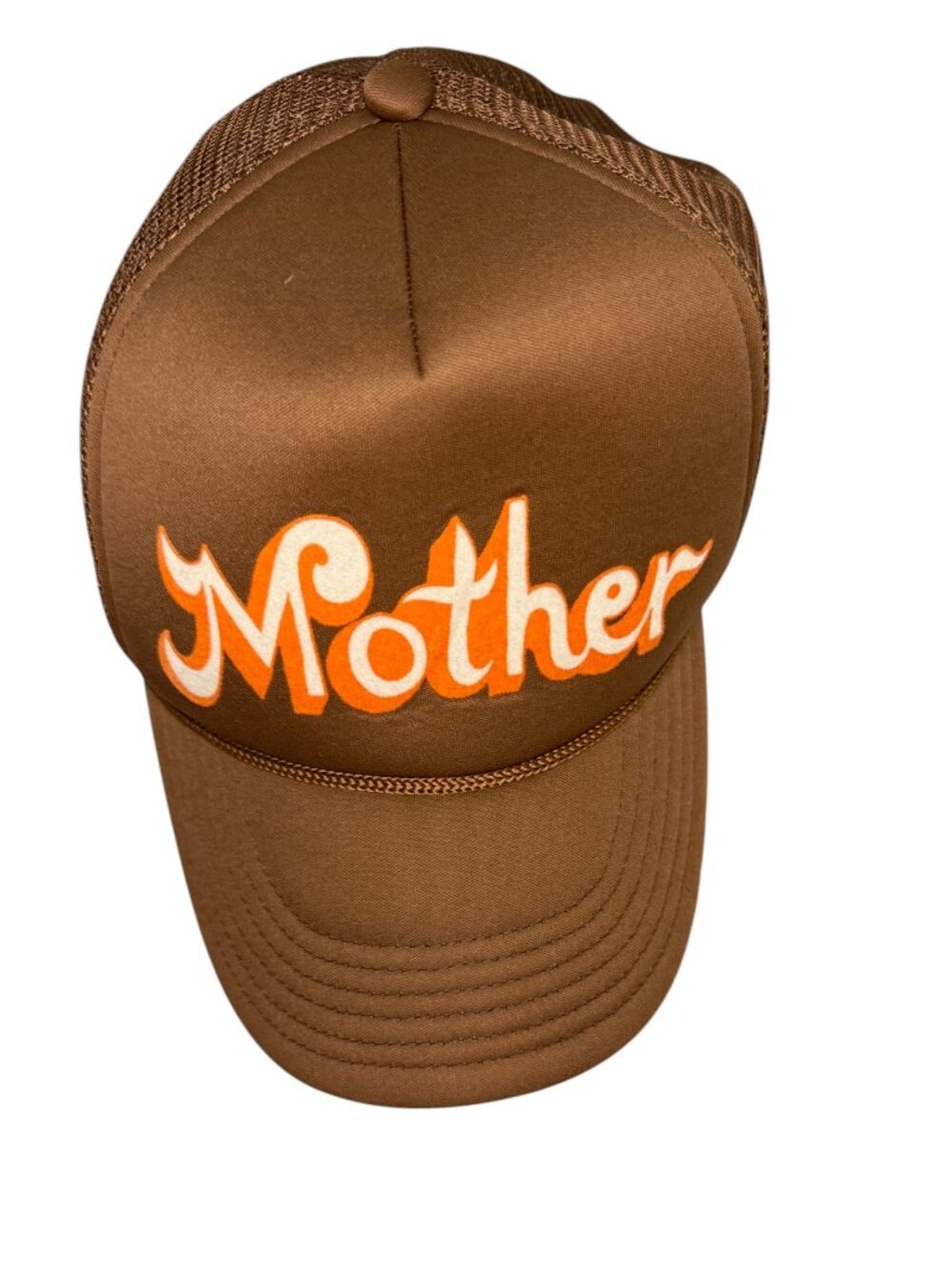 MOTHER Denim The Dugout Trucker Hat Brown Orange Logo Snapback- MSRP $50